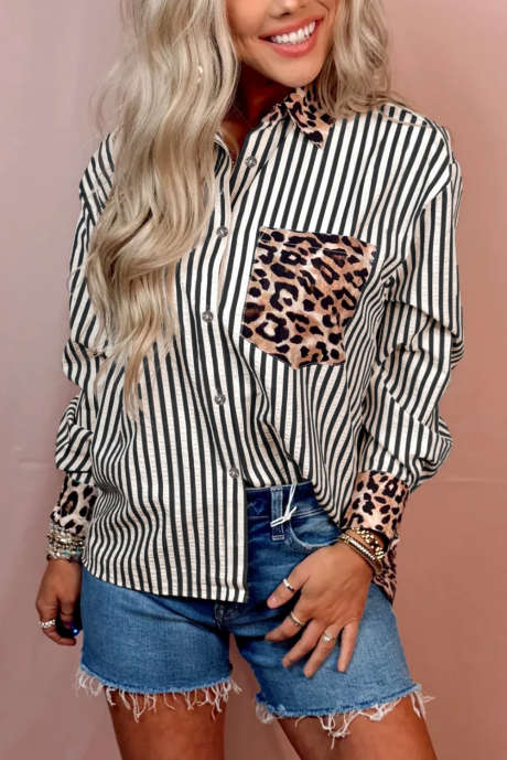 Camisa de mujer con botones y estampado de leopardo y rayas negras