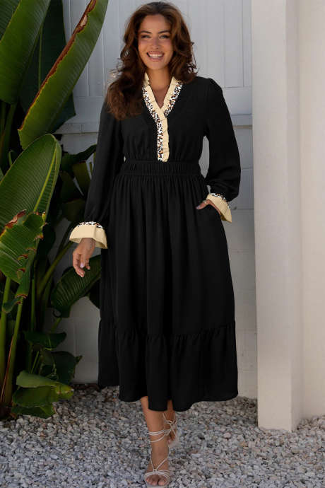 Schwarzes Midikleid mit Leopardenmuster, Rüschenbesatz, V-Ausschnitt und Dreiviertelärmeln (LC6126505-P2)