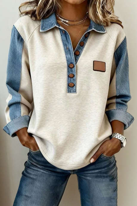 Lichtgrijze denim kleurblok patchwork overhemdkraag halve knoop lange mouwen top