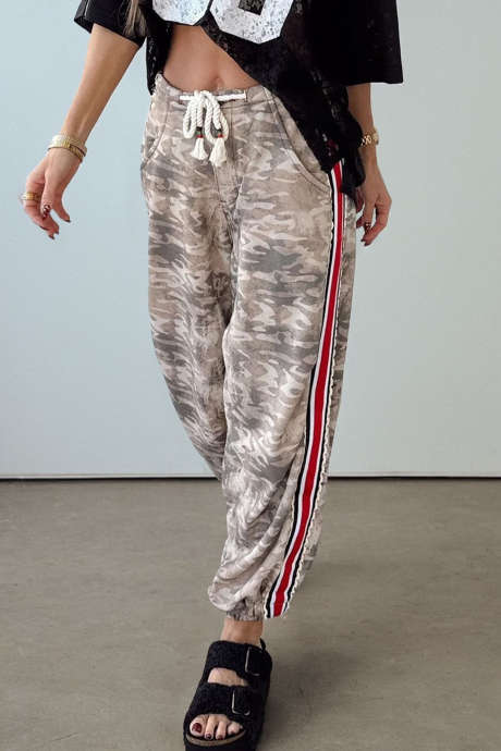 Khaki Camouflage Print Striped Side Panel Patchwork Drawstring Pants