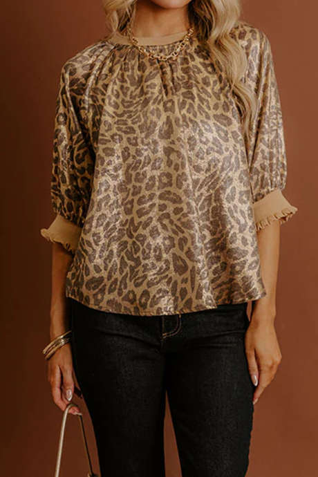 Bluse mit goldenem Metallic-Leopardenmuster, Farbblock-Patchwork und halben Ärmeln