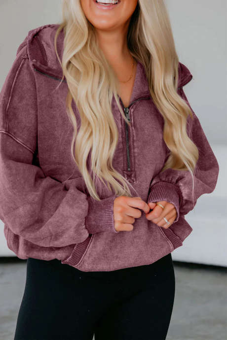 Wild Gingham – Baggy-Hoodie mit halbem Reißverschluss und Kängurutasche in Mineralwaschung