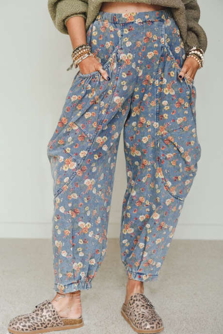 Beau Blue Retro Blomsterprint Elastisk Midje Lommer Tønnejeans