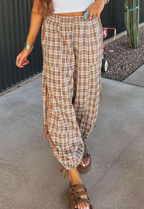 Chestnut Plaid Print Elastic Waist Bow Tie Contrast Detail Jogger Pants