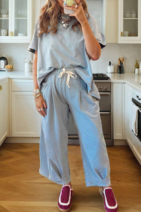 Ensemble T-shirt oversize bleu uni Beau, taille élastique avec cordon de serrage et pantalon assorti