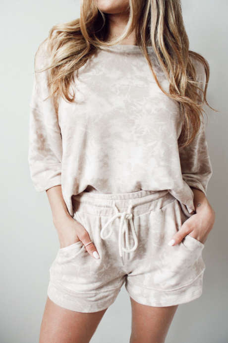 Ensemble 2 pièces beige vintage tie-dye avec bracelet, manches à cordon et taille élastique LC628821-P1522