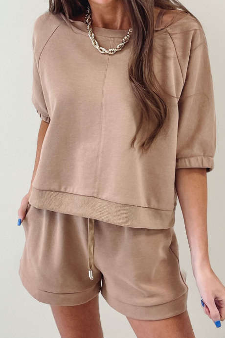 Haut à manches courtes uni beige clair français, taille élastique avec cordon de serrage, ensemble short décontracté