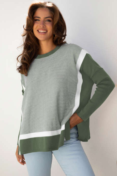 Maglione oversize Dolman con patchwork a blocchi di colore a righe verdi LC2726600-P919