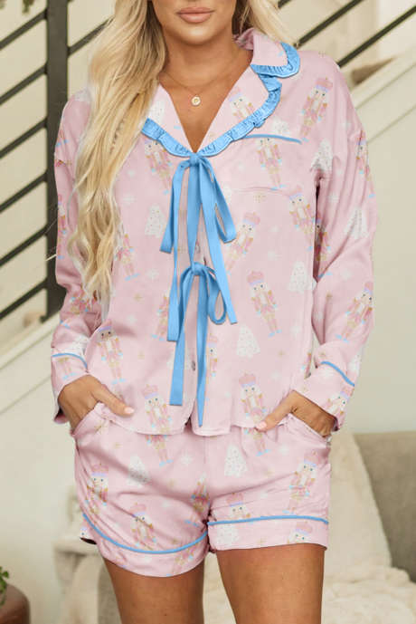 Ensemble pyjama chemise à manches longues et short de Noël avec nœud papillon rose