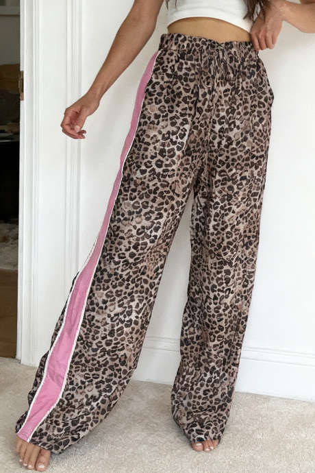 Khaki Leopard Drawstring Elastic Waist Contrast Side Panel Accent Loose Track Pants