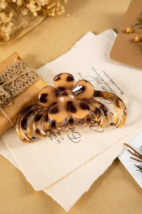 Pince à cheveux en résine motif léopard ambré, motif fleur, curry thaï BH043538-P1717