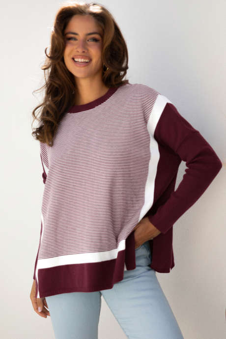 Suéter tipo túnica extragrande con diseño de dolman, patchwork y bloques de color de rayas rojas LC2726600-P319