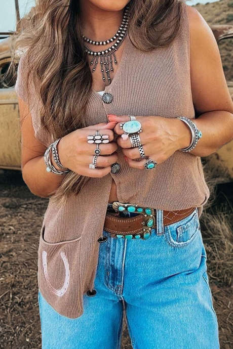 Cardigan gilet western con stampa a ferro di cavallo e capra