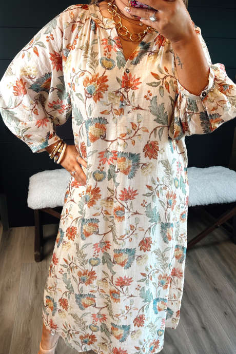 Robe midi à manches longues imprimé botanique abricot/écru