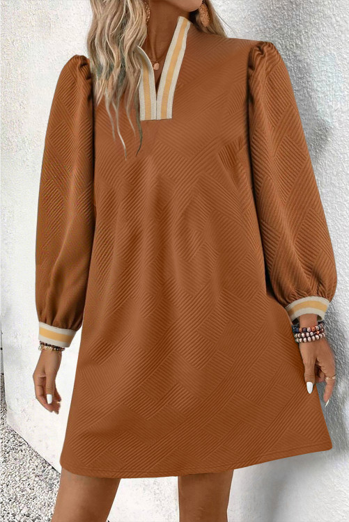 $9.35 Chestnut Textured Contrast Striped Split Neck Long Sleeve Shift Mini  Dress Wholesale