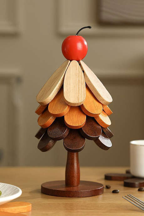 Drewniane podstawki pod kubki w kolorze ognistej czerwieni wiśni, 5 szt., odporne na ciepło, w kształcie choinki