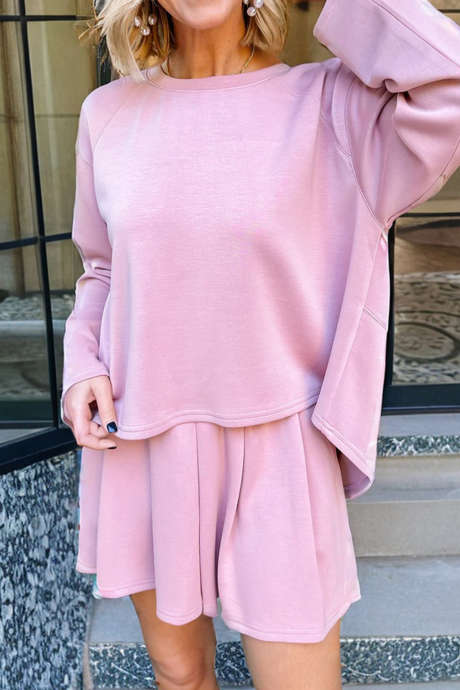 Pink Solid Color Long Sleeve Loose Top Elastic Waist Pleated Shorts 2pcs Outfit
