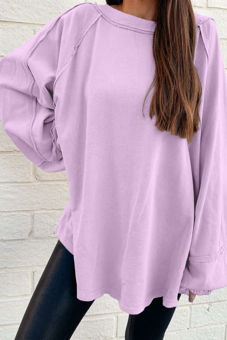 سويت شيرت فضفاض من بتلات الأوركيد بلون سادة مع خياطة خام
