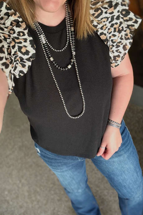 Black Plus Size Round Neck Leopard Ruffle Patchwork Sleeve Blouse