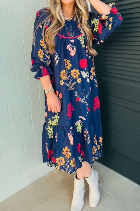 Blue Floral Print Smocked Yoke Ruffled Sleeve Loose Midi Dress