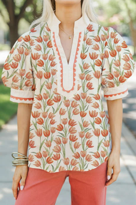 Blouse à manches courtes bouffantes à motif tulipe multicolore