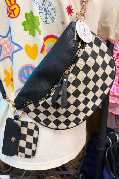 Musta PU-nahkainen ruudullinen neulottu tilkkutäkkikuvioinen lompakko-olkalaukku