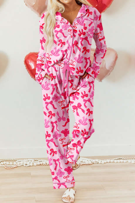 Różowy romantyczny komplet piżamowy z nadrukiem i lamówką w stylu koszulowym, 2 sztuki