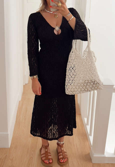 Robe à manches longues en dentelle florale avec détail en forme de goutte d'eau et empiècements noirs Sun Hardware