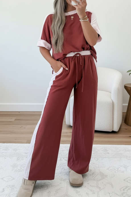 Red Dahlia Raw Edge Color Block Patchwork Loose Tee Drawstring Wide Leg Pants Set