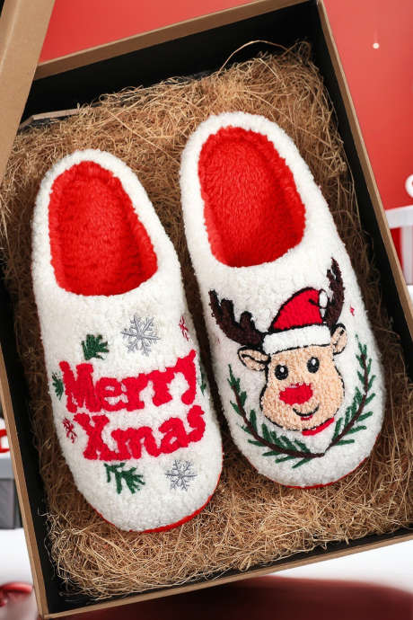 Pantuflas de casa de felpa con estampado asimétrico navideño blanco BH024145-P1