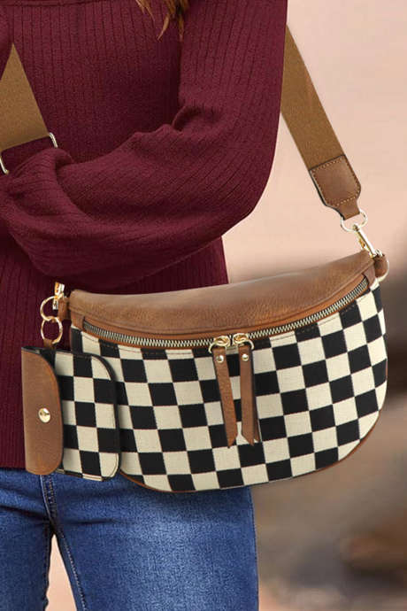Coffee PU Leather Checkered Knit Patchwork Wallet Attached Shoulder Bag BH031485-P1017