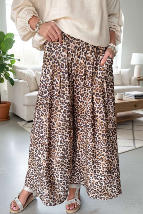 Brown Leopard Print Elastic Waist Pleated Wide Leg Pants