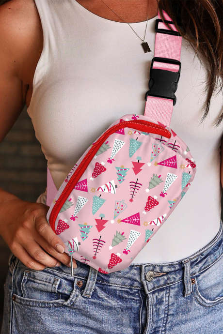 Sac bandoulière à large sangle avec boucle et imprimé sapin de Noël rose