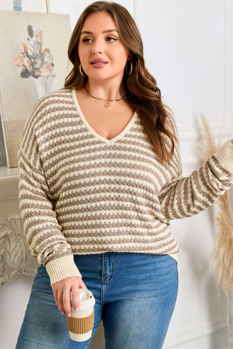 Pull kaki à rayures, col V, épaules tombantes, grande taille, PL272729-P1619