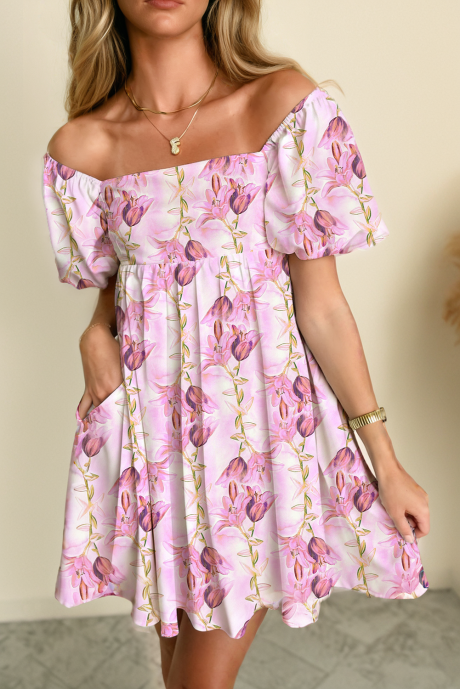 Robe mini ample à manches bouffantes et imprimé floral rose élégant