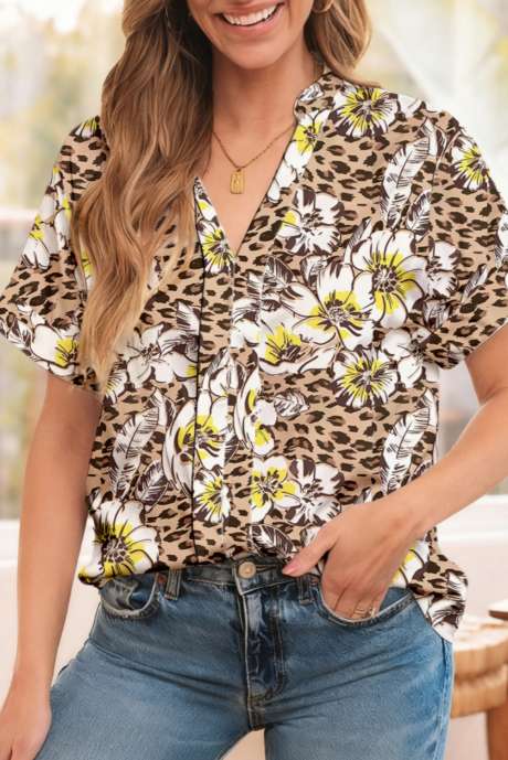 Chemisier kaki à imprimé léopard et fleurs, col en V, manches courtes