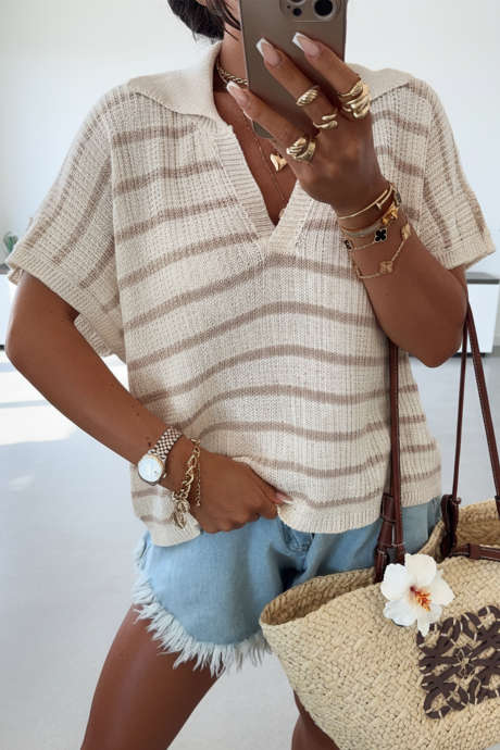 Pull ample à rayures kaki, col en V et empiècements, manches courtes