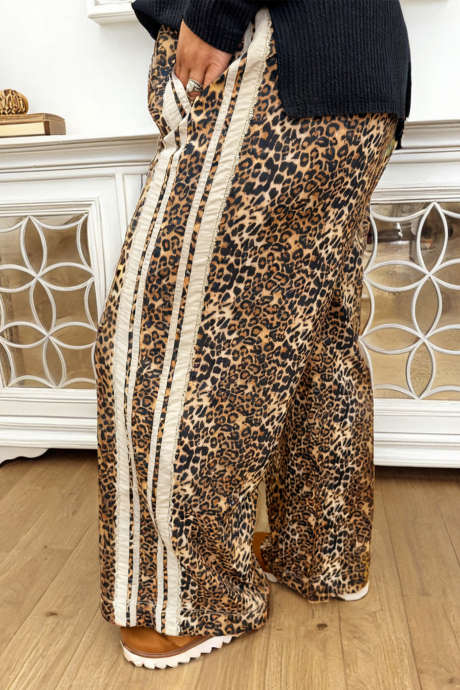 Khaki Leopard Print Contrast Lace Striped Detail Wide Leg Loose Pants
