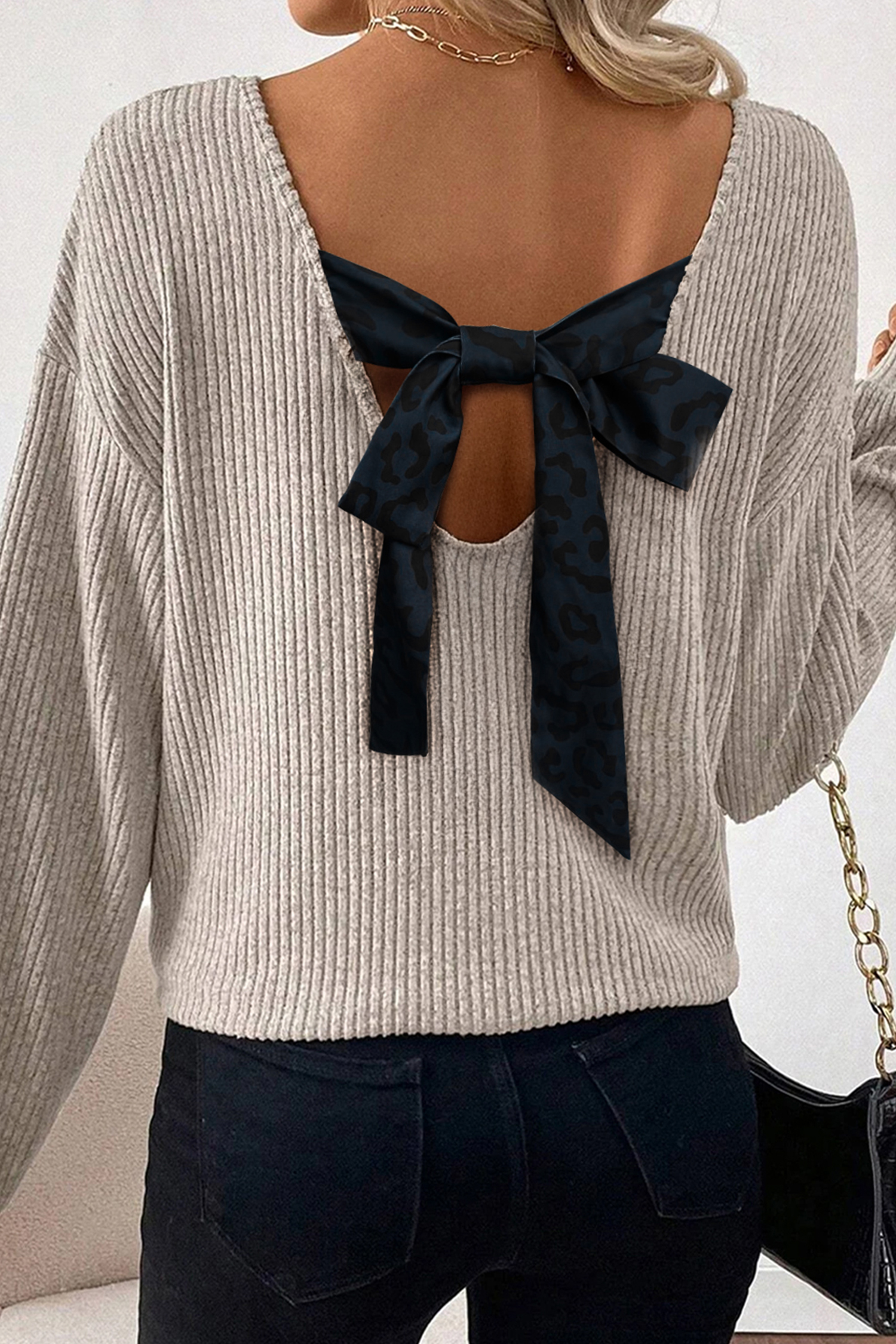 $5.78 Simply Taupe Ribbed V Neck Contrast Ribbon Bow Back Drop