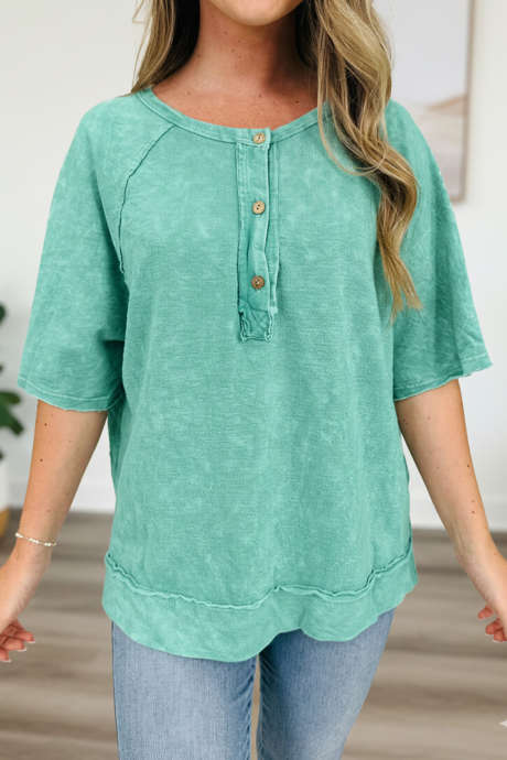 Mint Green Mineral Wash Raw Seam Button Split Neck Top