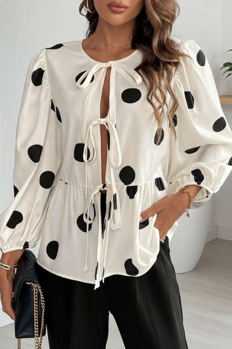 White Polka Dot Print Tie Front Puff Sleeve Babydoll Blouse