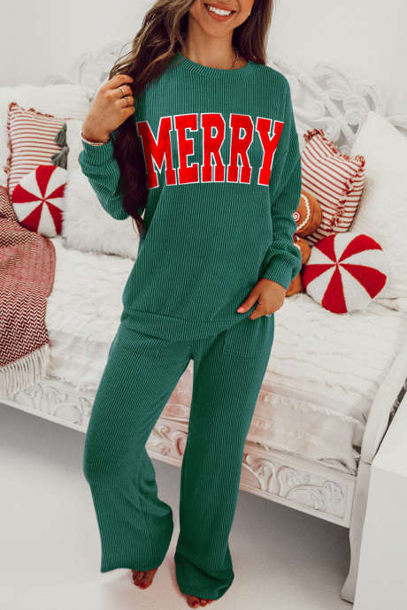Dark Green MERRY Corded Long Sleeve Top and Pockets Pants Set
