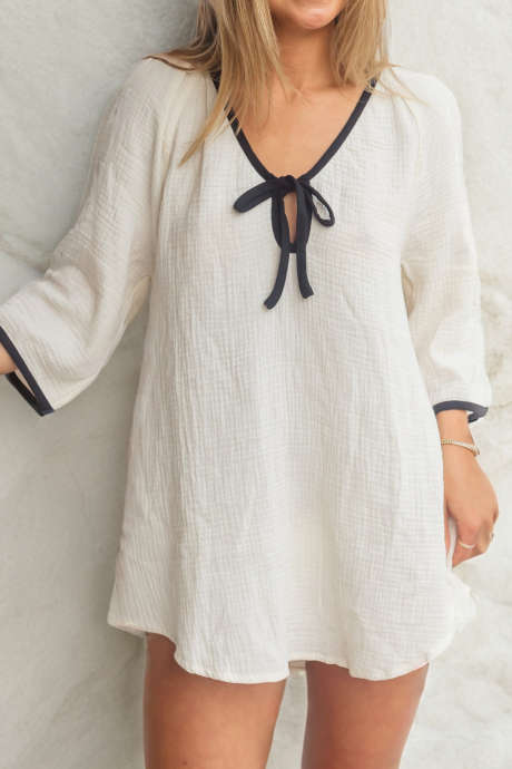 White Gauze Textured Contrast Trim Tie V Neck Half Sleeve Tunic Coverup