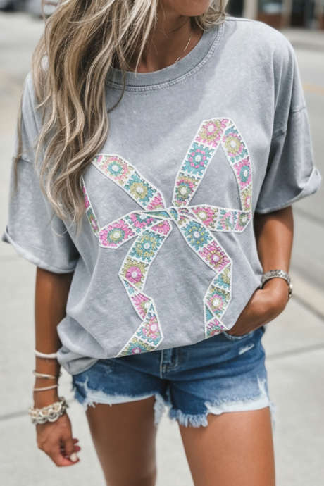 Light Grey Floral Crochet Ribbon Bow Patched Mineral Wash T Shirt