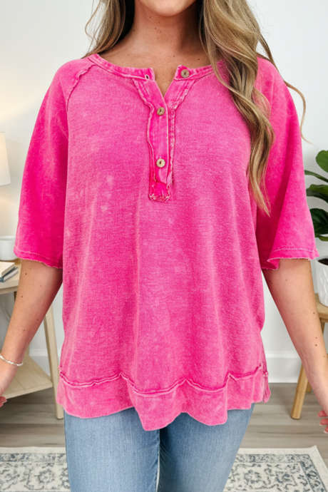 Strawberry Pink Mineral Wash Raw Seam Button Split Neck Top