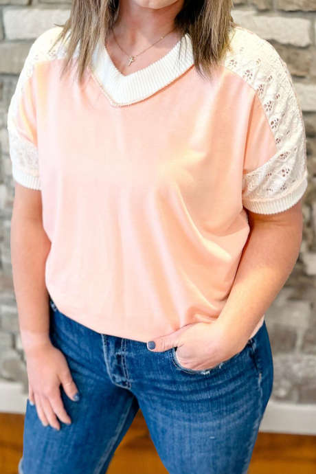 Apricot Pink Plus Size Lace Ribbed Color Block Patchwork V Neck Tee