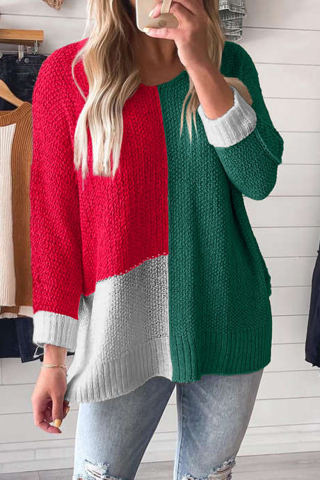 Evergreen Color Block Strickpullover mit V-Ausschnitt