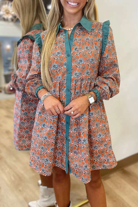 Мини-платье-рубашка с контрастным воротником и цветочным принтом в стиле бохо (оранжевое)