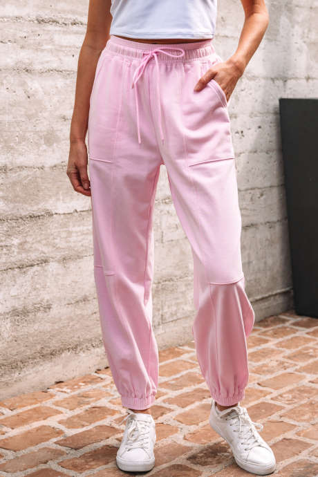 Light Pink Drawstring Elastic Waistband Solid Color Jogger Pants