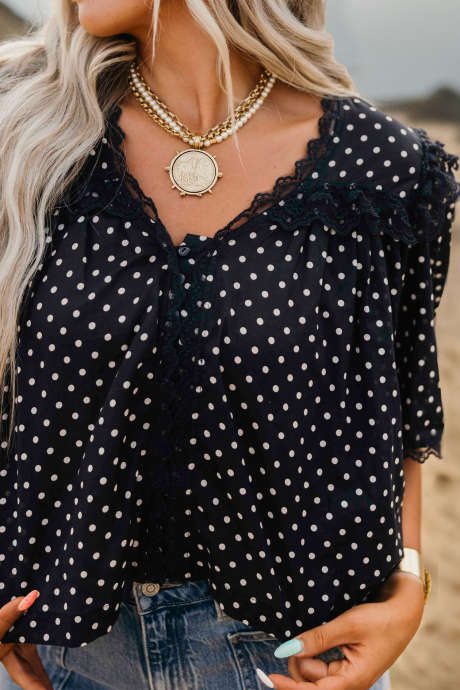 Black Lace Trim V Neck Polka Dot Print Short Sleeve Blouse